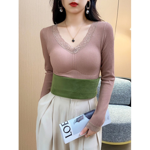 髮熱保暖上衣女秋冬季內搭帶胸墊加絨加厚蕾絲V領長袖內衣打底衫 髮熱保暖上衣女秋冬季內搭帶胸墊加絨加厚蕾絲V領長袖內衣打底衫