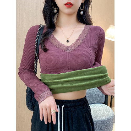 髮熱保暖上衣女秋冬季內搭帶胸墊加絨加厚蕾絲V領長袖內衣打底衫 髮熱保暖上衣女秋冬季內搭帶胸墊加絨加厚蕾絲V領長袖內衣打底衫