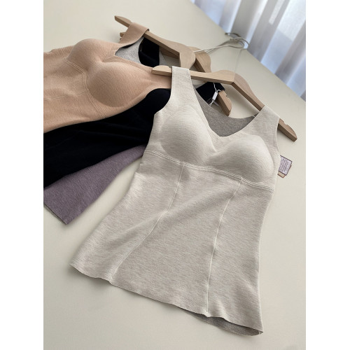 秋冬保暖背心蠶絲羊絨親膚磨毛無痕打底V領內衣4033帶胸墊舒適女