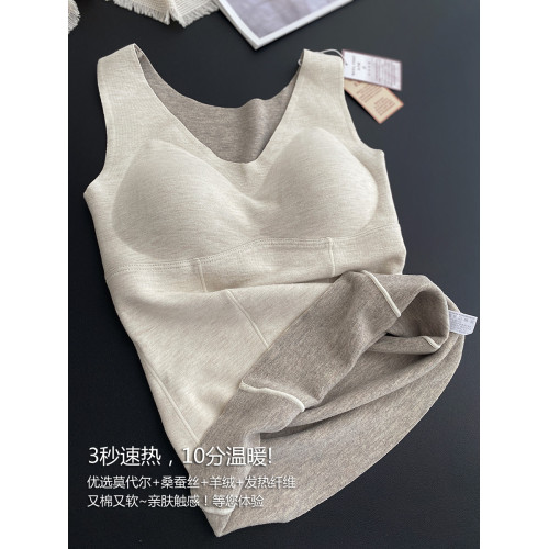 秋冬保暖背心蠶絲羊絨親膚磨毛無痕打底V領內衣4033帶胸墊舒適女