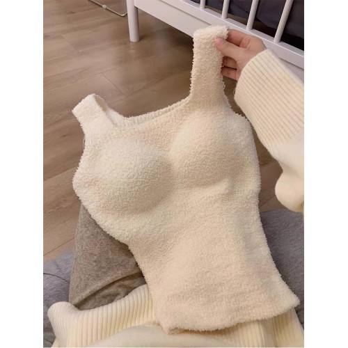 帶胸墊毛絨保暖背心秋冬免穿文胸加絨羊羔絨打底衫一體式內搭上衣 帶胸墊毛絨保暖背心秋冬免穿文胸加絨羊羔絨打底衫一體式內搭上衣