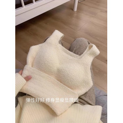 帶胸墊毛絨保暖背心秋冬免穿文胸加絨羊羔絨打底衫一體式內搭上衣