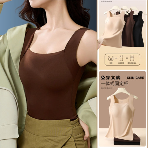 無痕打底內衣吊帶背心女新款文胸一體內搭薄款帶胸墊修身肌底上衣