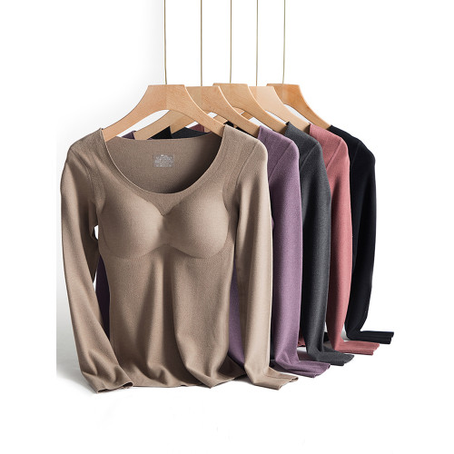 女士無痕德絨保暖內衣帶胸墊套裝加絨加厚秋衣髮熱打底衫秋冬上衣 女士無痕德絨保暖內衣帶胸墊套裝加絨加厚秋衣髮熱打底衫秋冬上衣