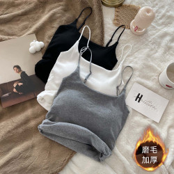 純欲褶皺吊帶背心女帶胸墊2024秋冬新款加厚磨毛修身打底外穿內衣