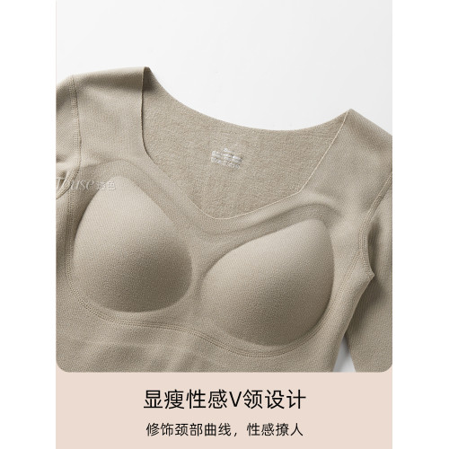 透色德絨小熱皮保暖內衣女帶胸墊加絨厚保溫打底衫冬季秋衣褲套裝