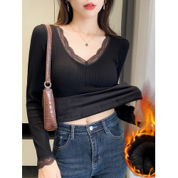 保暖上衣女秋冬蕾絲拼接V領帶胸墊髮熱內衣加厚長袖打底衫秋衣潮