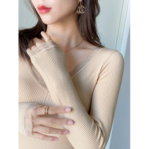 保暖上衣女秋冬蕾絲拼接V領帶胸墊髮熱內衣加厚長袖打底衫秋衣潮
