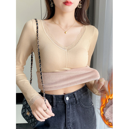 保暖上衣女秋冬蕾絲拼接V領帶胸墊髮熱內衣加厚長袖打底衫秋衣潮