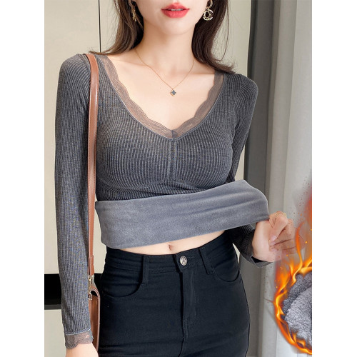 保暖上衣女秋冬蕾絲拼接V領帶胸墊髮熱內衣加厚長袖打底衫秋衣潮