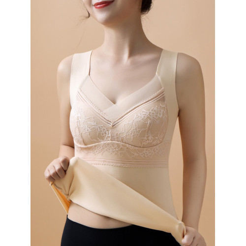 德絨髮熱無痕保暖內衣背心女士加絨大碼冬季打底內搭帶胸墊一體式