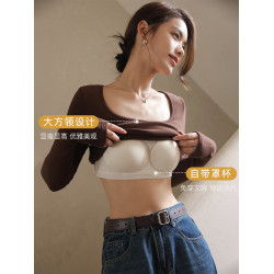 德絨保暖內衣女一體帶胸墊內搭加絨加厚秋衣自髮熱打底衫秋冬上衣