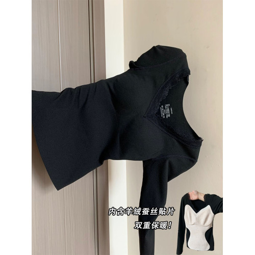 帶胸墊羊絨蠶絲保暖內衣套裝女秋冬髮熱秋衣秋褲蕾絲V領內搭打底 帶胸墊羊絨蠶絲保暖內衣套裝女秋冬髮熱秋衣秋褲蕾絲V領內搭打底