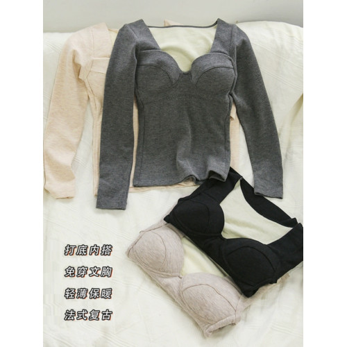 德絨保暖內衣女薄款髮熱帶胸墊免穿文胸冬季修身低領打底上衣秋衣 德絨保暖內衣女薄款髮熱帶胸墊免穿文胸冬季修身低領打底上衣秋衣