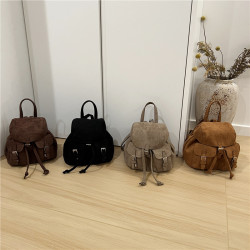 本季 磨砂迷你雙肩包女韓系絨面復古多口袋設計翻蓋抽繩小後背包