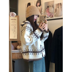 大碼復古學院風軟糯連帽毛衣女冬季時尚針織開衫外套胖MM顯瘦上衣