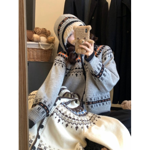 大碼復古學院風軟糯連帽毛衣女冬季時尚針織開衫外套胖MM顯瘦上衣