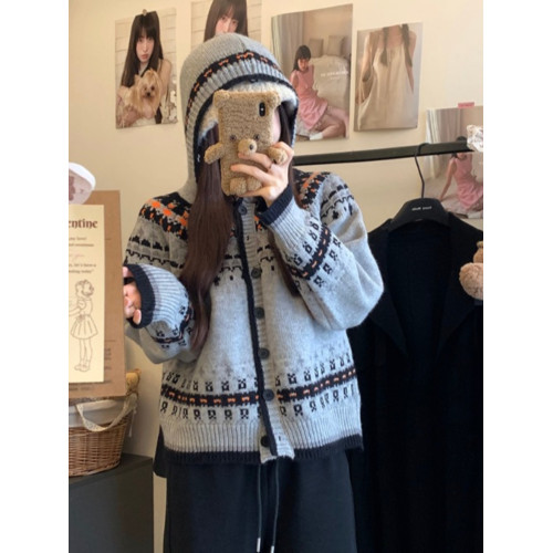 大碼復古學院風軟糯連帽毛衣女冬季時尚針織開衫外套胖MM顯瘦上衣