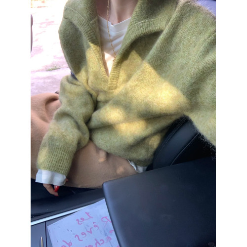 歐貨老錢風綠色v領馬海毛毛衣女秋冬慵懶高級感加厚翻領針織上衣
