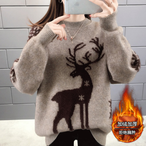 2025年新款加絨毛衣女聖誕爆款秋冬加厚寬松女士打底外穿慵懶洋氣