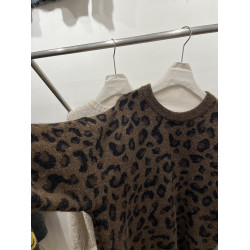 高級感圓領套頭豹紋毛衣女秋冬加厚寬松慵懶風氣質軟糯針織衫上衣