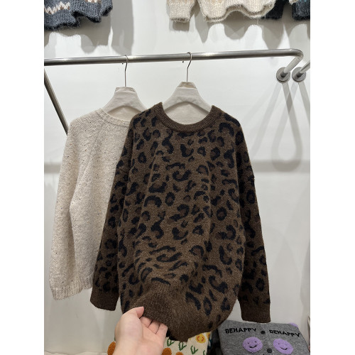 高級感圓領套頭豹紋毛衣女秋冬加厚寬松慵懶風氣質軟糯針織衫上衣