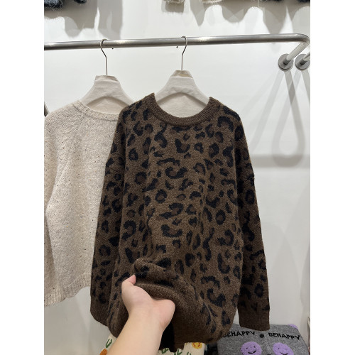 高級感圓領套頭豹紋毛衣女秋冬加厚寬松慵懶風氣質軟糯針織衫上衣