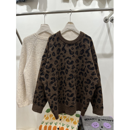 高級感圓領套頭豹紋毛衣女秋冬加厚寬松慵懶風氣質軟糯針織衫上衣