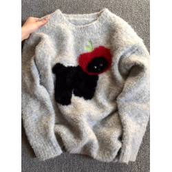 灰色小狗圓領套頭毛衣女冬季加厚秋冬慵懶風小個子正肩內搭針織衫