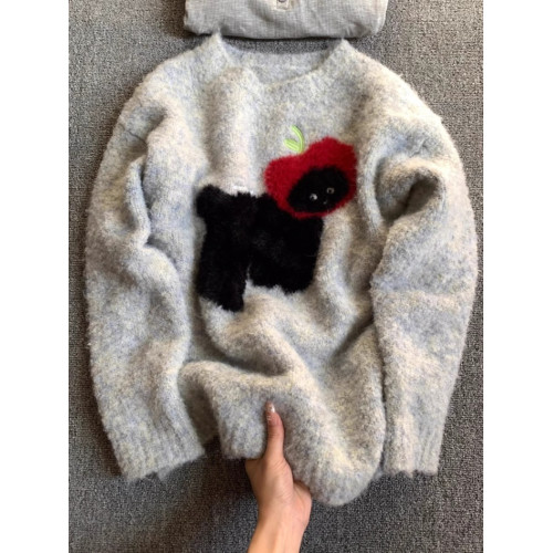 灰色小狗圓領套頭毛衣女冬季加厚秋冬慵懶風小個子正肩內搭針織衫