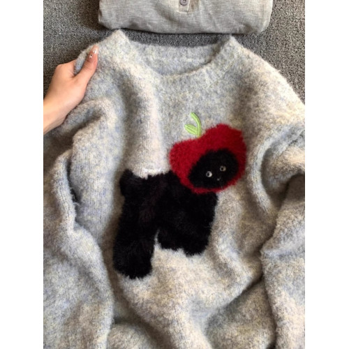 灰色小狗圓領套頭毛衣女冬季加厚秋冬慵懶風小個子正肩內搭針織衫