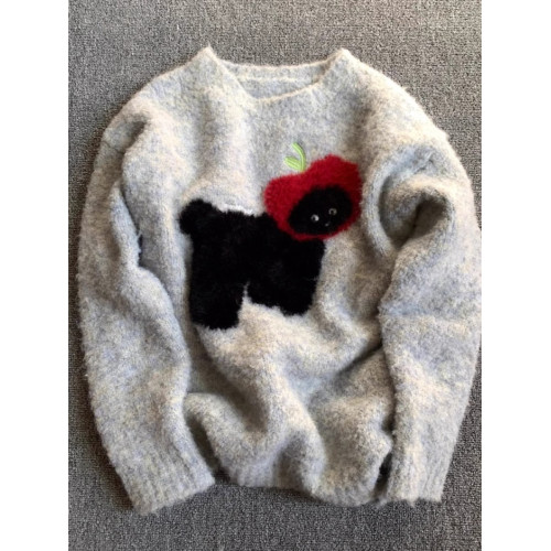 灰色小狗圓領套頭毛衣女冬季加厚秋冬慵懶風小個子正肩內搭針織衫