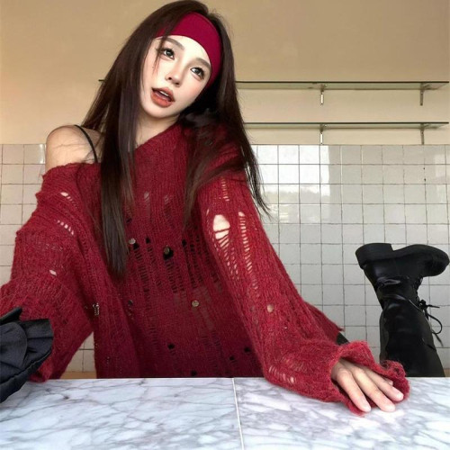 韓系慵懶風紅色套頭鏤空破洞斜肩針織毛衣女秋冬寬松顯瘦針織罩衫