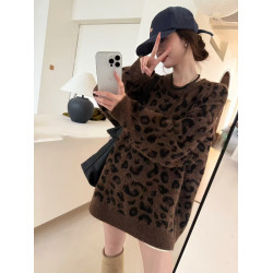 韓版圓領豹紋設計感套頭毛衣女2024秋冬新款寬松慵懶風針織衫上衣