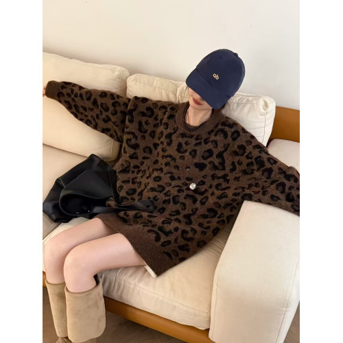 韓版圓領豹紋設計感套頭毛衣女2024秋冬新款寬松慵懶風針織衫上衣