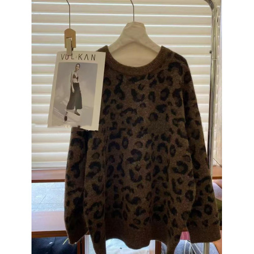 韓版圓領豹紋設計感套頭毛衣女2024秋冬新款寬松慵懶風針織衫上衣