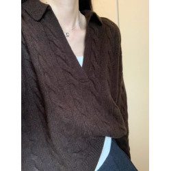 美拉德polo翻領麻花針織長袖女2025新款早秋薄款v領套頭毛衣內搭