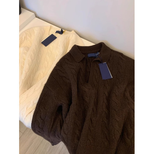 美拉德polo翻領麻花針織長袖女2025新款早秋薄款v領套頭毛衣內搭