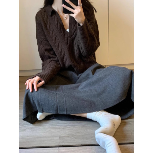 美拉德polo翻領麻花針織長袖女2025新款早秋薄款v領套頭毛衣內搭