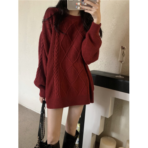 新年節本命年紅色麻花毛衣女冬季新款過年慵懶圓領寬松中長款上衣