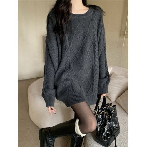 新年節本命年紅色麻花毛衣女冬季新款過年慵懶圓領寬松中長款上衣