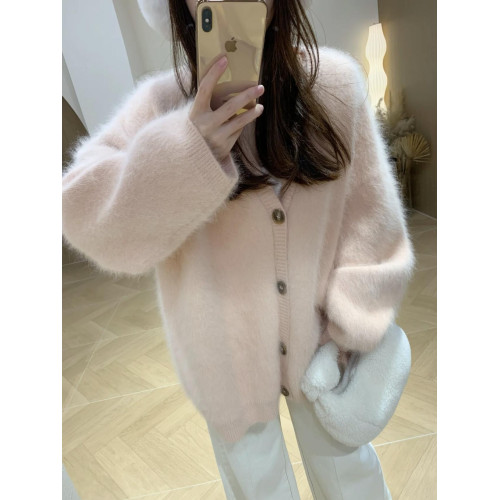 超顯白！冬季氛圍感奶huhu毛衣外套中長款韓版v領慵懶風寬松加厚