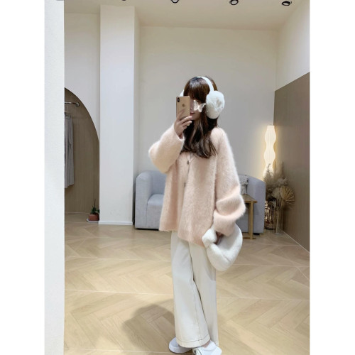 超顯白！冬季氛圍感奶huhu毛衣外套中長款韓版v領慵懶風寬松加厚