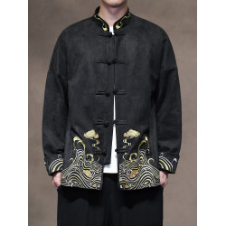 風秋冬刺綉休閒休閒唐裝外套男士寬松大碼圓領中山裝夾克茶服