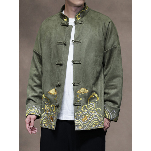 風秋冬刺綉休閒休閒唐裝外套男士寬松大碼圓領中山裝夾克茶服 風秋冬刺綉休閒休閒唐裝外套男士寬松大碼圓領中山裝夾克茶服