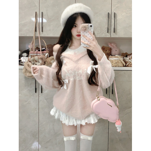 甜辣拼色假兩件v領掛脖毛衣女慵懶風軟糯寬松百搭長袖水貂絨上衣