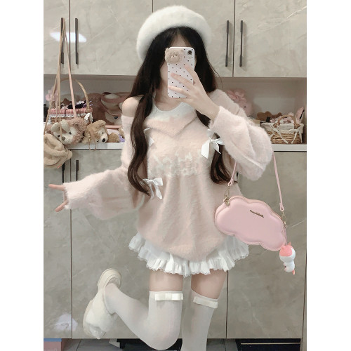 甜辣拼色假兩件v領掛脖毛衣女慵懶風軟糯寬松百搭長袖水貂絨上衣