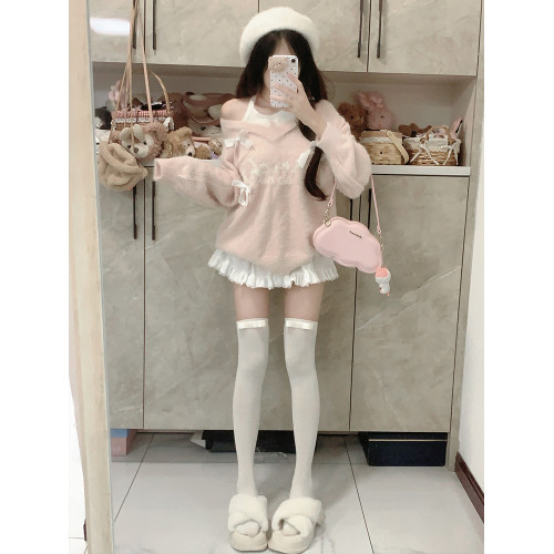 甜辣拼色假兩件v領掛脖毛衣女慵懶風軟糯寬松百搭長袖水貂絨上衣