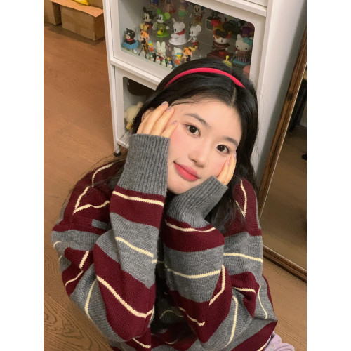 oversize！復古撞色紅色條紋毛衣女冬季新款韓版寬松打底針織衫潮