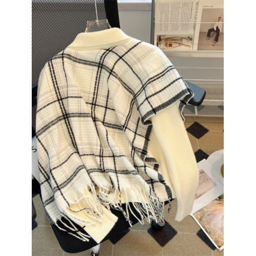 法式流蘇披肩假兩件針織開衫女秋冬2024新款翻領設計感加厚毛衣潮